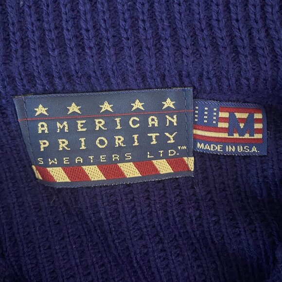 Vintage American Priority Full-Zip Ribbed-Knit Sweater Navy Blue Men's Medium - Picture 8 of 11